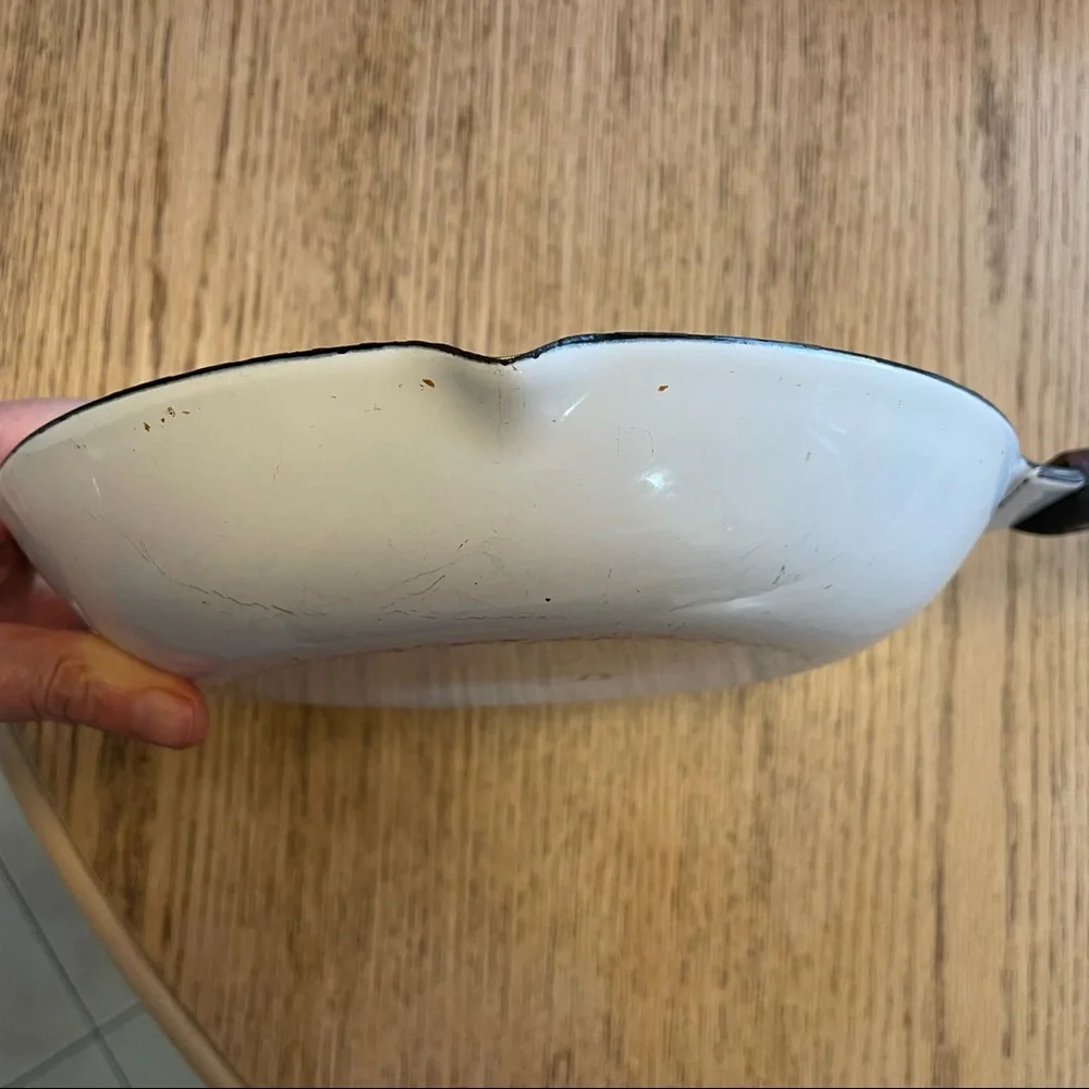 Vintage Cathrineholm Norway enamel sauté frying pan white & orange 9” diameter